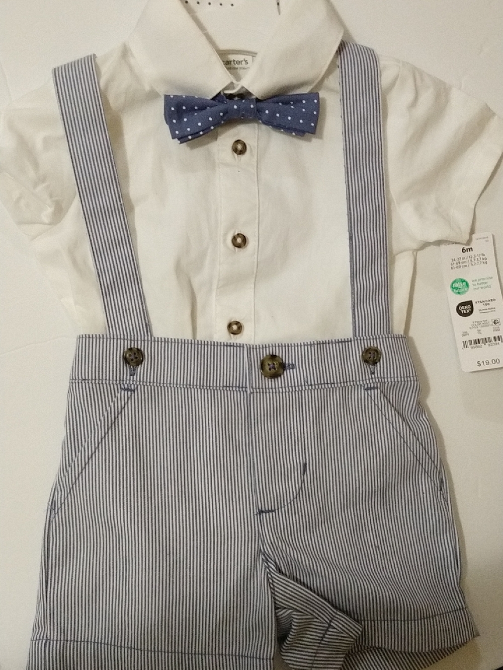 Carter's White Shirt with Blue Pinstripe Suspender Shorts 6 Months